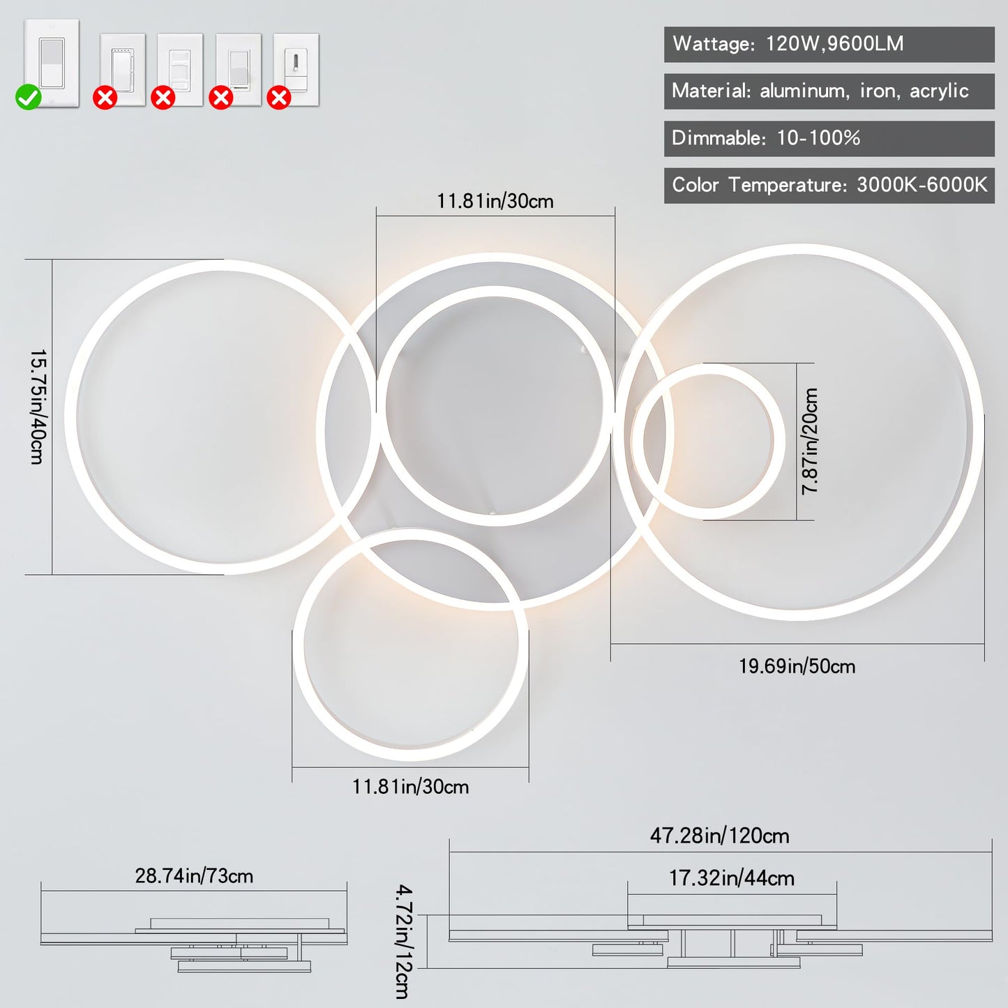 O'NEELDY Modern LED Ceiling Light White Flush Mount Ceiling Lights Fixtures Dimmable 47" Dining Room Light Fixture with Remote 6 Rings Kitchen Lighting Fixtures Ceiling Lamp for Bedroom,Living Room