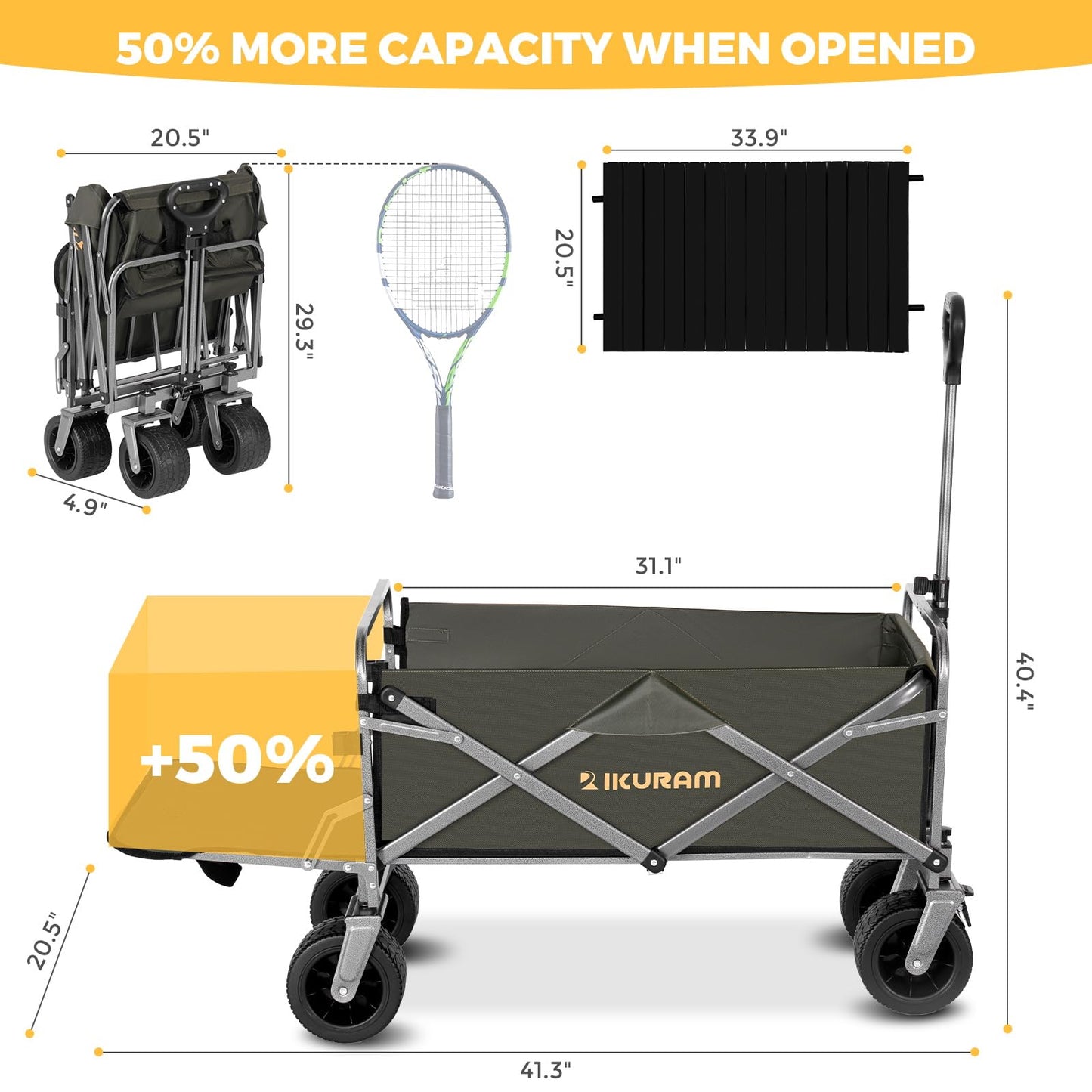Collapsible Wagon Cart with Removable Tabletop, 500LBS Folding Wagons with Extended Tailgate, Big All-Terrain Wheels, Heavy Duty Utility Wagon Carts for Beach, Picnic, Grocery, Outdoor