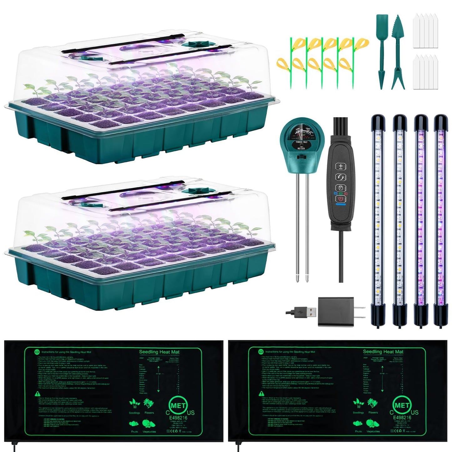 Hugbow Seed Starter Tray with Grow Lights and Heat Mat, 3-in-1 Soil Meter, 80-Cell Seed Growing Tray, Germination & Plant Propagation Station for Indoor Plants 2-Pack