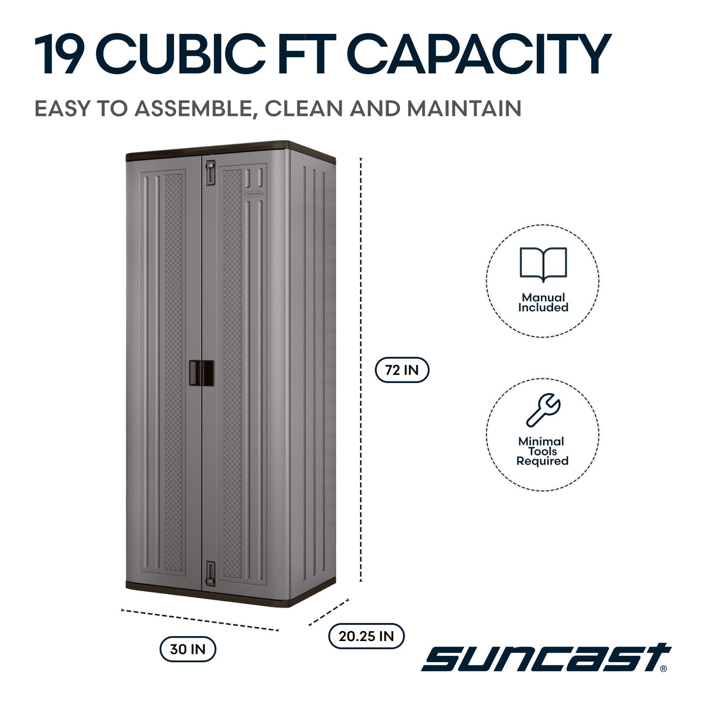 Suncast Tall Storage Cabinet, Platinum Resin Garage Storage Cabinet with Doors & Shelves, Plastic, Lockable, Freestanding Utility Closet for Tools & Supplies, Made in USA