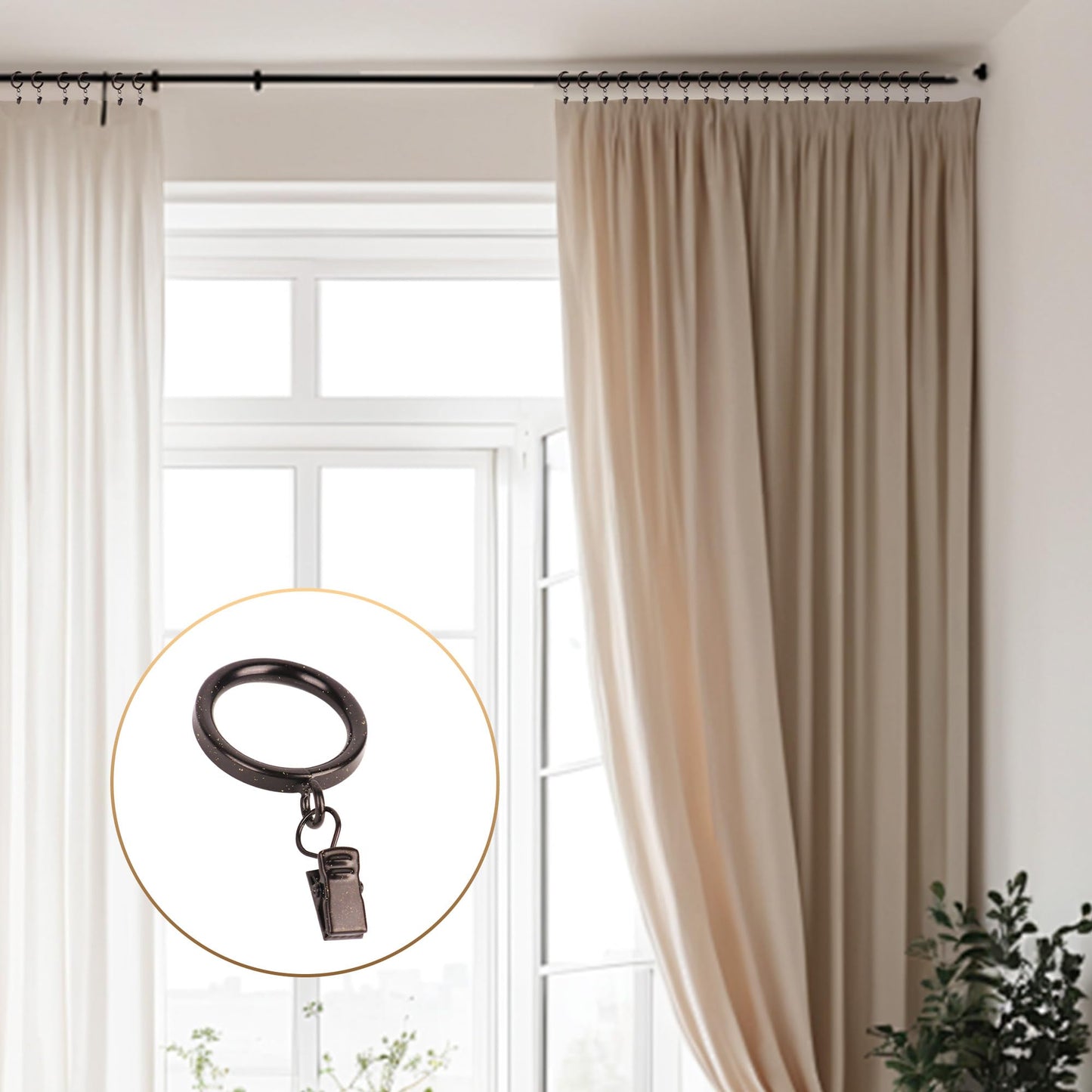 XHLTTBD 38 Pack 1.25 Inch Half-Round Coffee Gold Curtain Clip Rings - Heavy Duty Iron, Quiet Glide, Rustproof, Fits 1.0-1.2 Inches (Curtain Rod Required, Non-Drill)