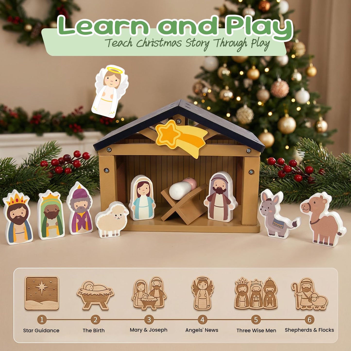 WOODENFUN Toy Nativity Set for Kids，Wooden Christmas Nativity Scene Miniature Holy Family Figurines Gifts for Children Boys Girls 3+ Years Old