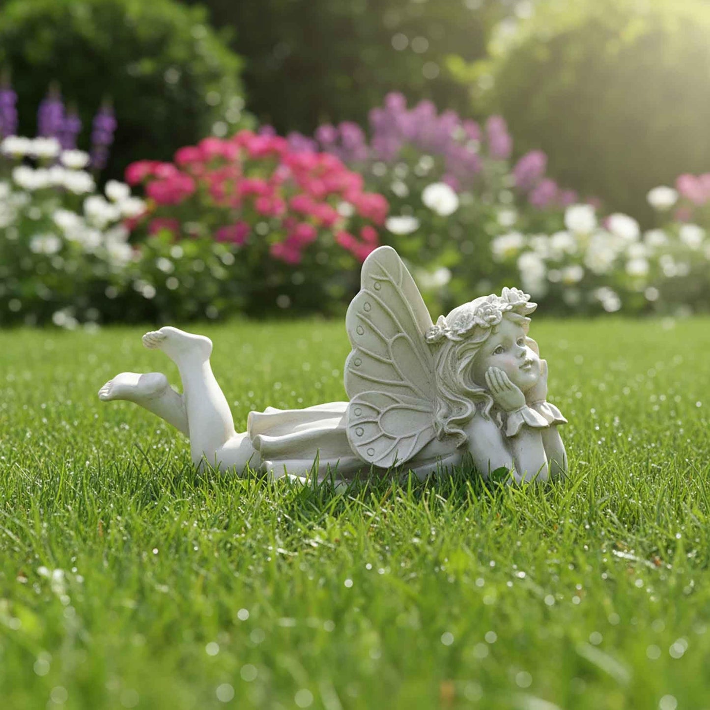 Lying Fairy Garden Statue with Hands on Chin – Outdoor Resin Angel Figurine for Yard, Patio or Lawn Decor – 10.24” Hand-Painted Fairy for Garden Fairy Scenes & Whimsical Outdoor Displays