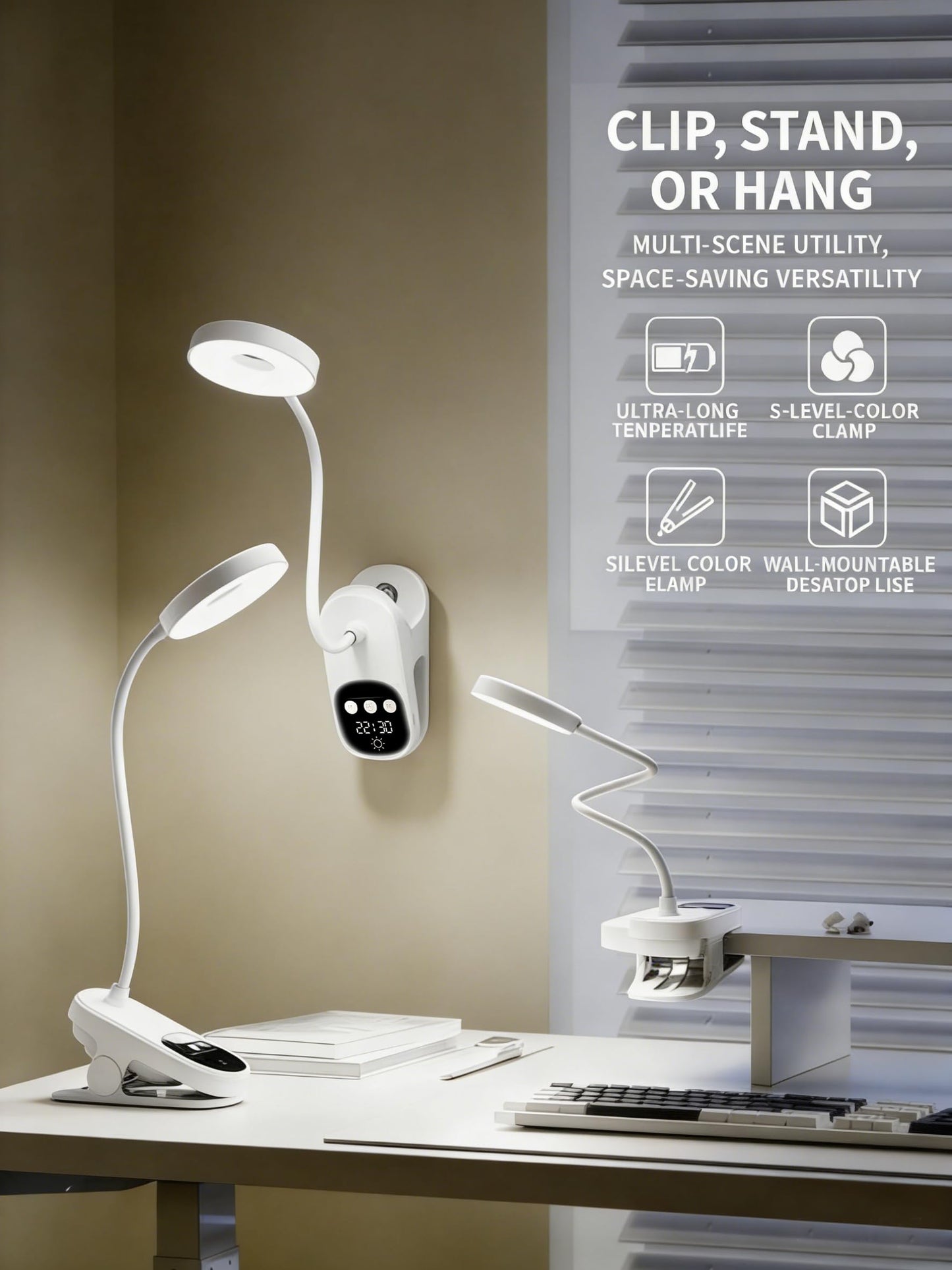Wireless Clip on LED Desk Lamp, 1800mAh Rechargeable Eye-Caring Bedside Reading Light with Clock & Timer, 3 Color Temperatures 360° Rotatable for Dorm Room Home Office Camping Blackout (White)