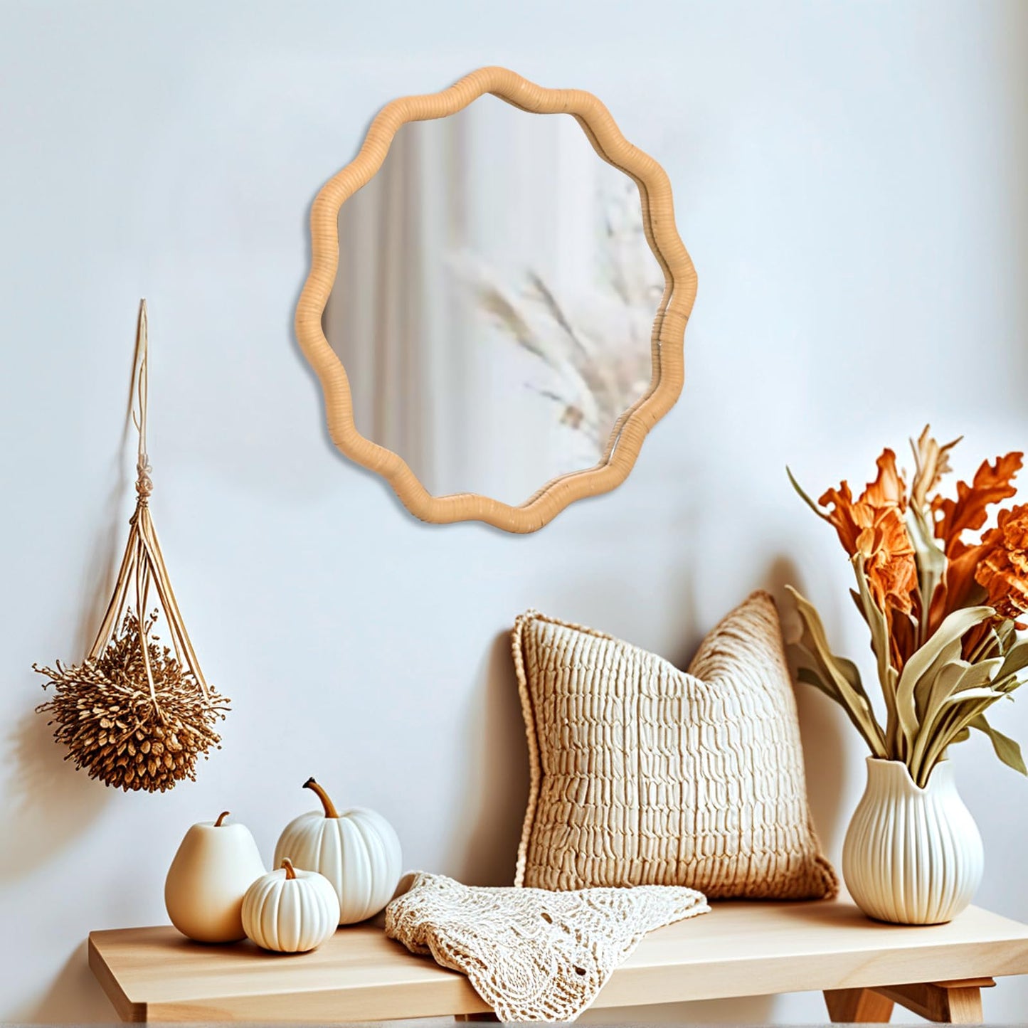 FUIN 20" Round Rattan Wall Mirror, Scalloped Wavy Wicker Frame – Handwoven Natural Boho Decor for Bathroom Vanity, Nursery & Entryway – Distortion-Free Glass