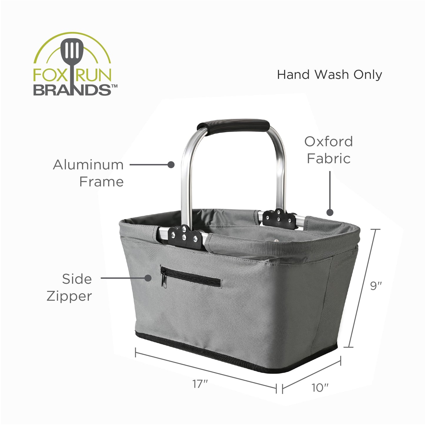 Fox Run Collapsible Shopping Basket with Handle, 17" x 10" x 9" Harvest and Picnic Basket