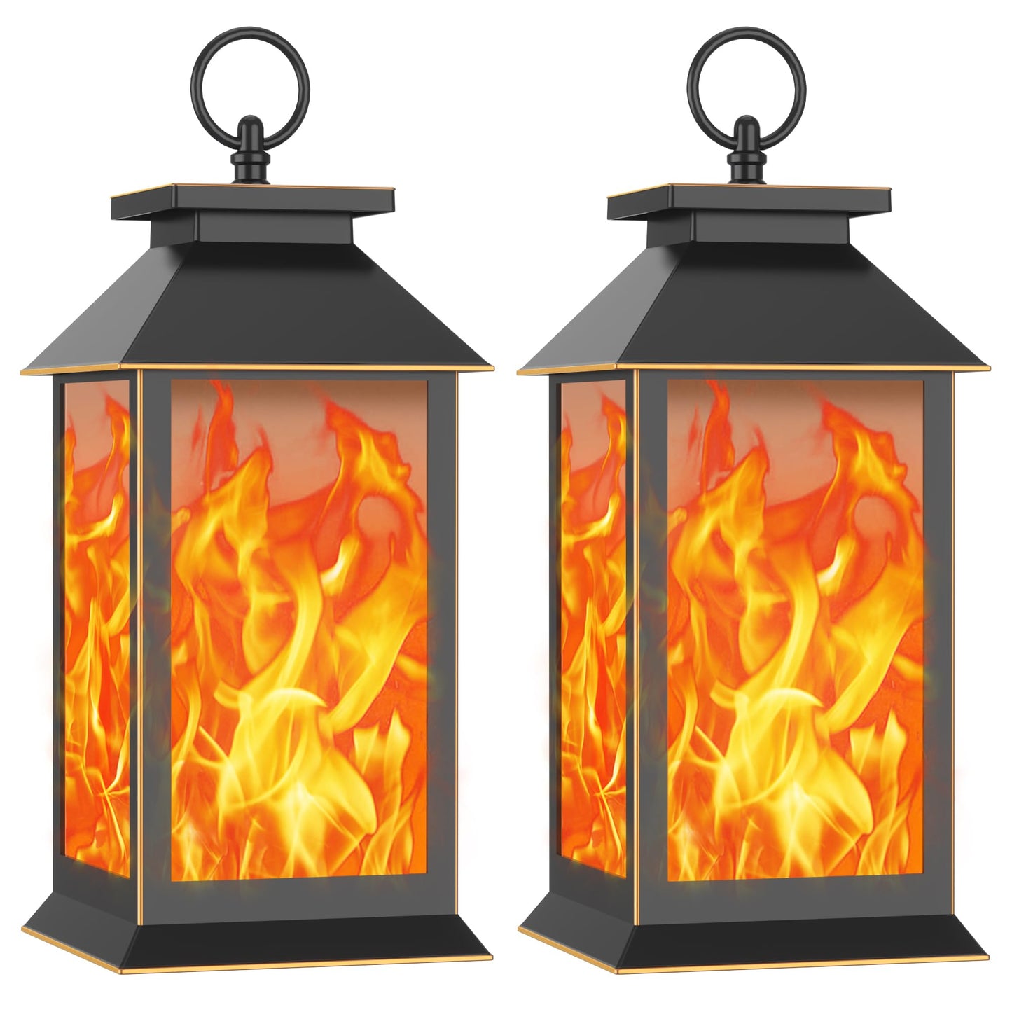 2 Pack Hanging Solar Lanterns, Hummingbird Flame Lantern, Outdoor Waterproof Upgraded Solar and 2 AA Batteries Powered, for Outside Porch, Patio and Indoor Tables, Mantelpiece.