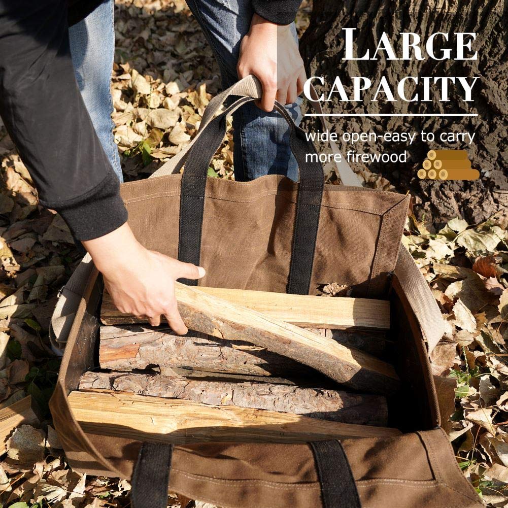 INNO STAGE Free-Standing Firewood Log Carrier Bag - 22 oz Thickened Waxed Canvas Fire Wood Holder Tote with Adjustable Shoulder Strap and Soft Handles for Camping or BBQ Barbecue Dark Khaki