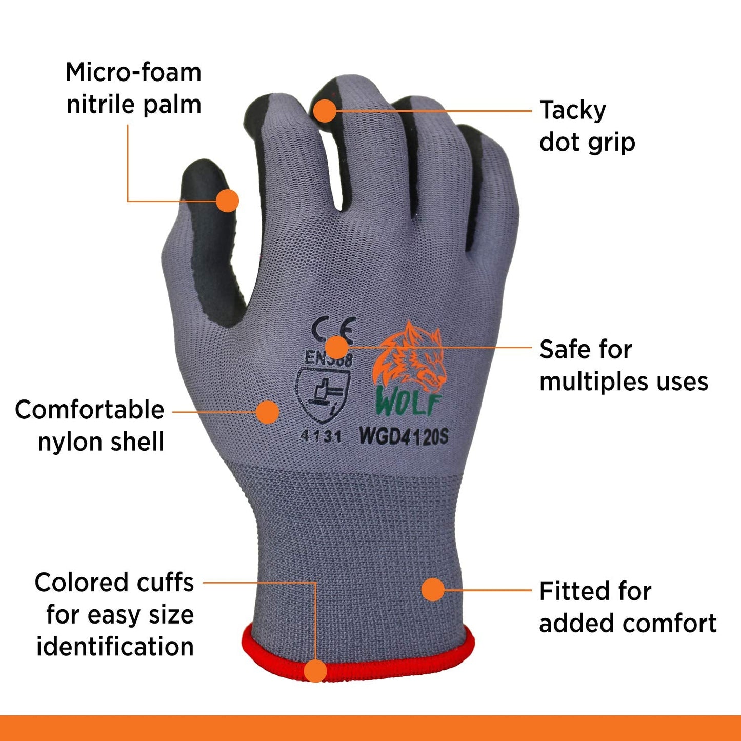 WOLF Ultra-Thin Nitrile Foam Palm Coated Glove with Tacky Dot Grip, Multi Purpose (12, Medium)