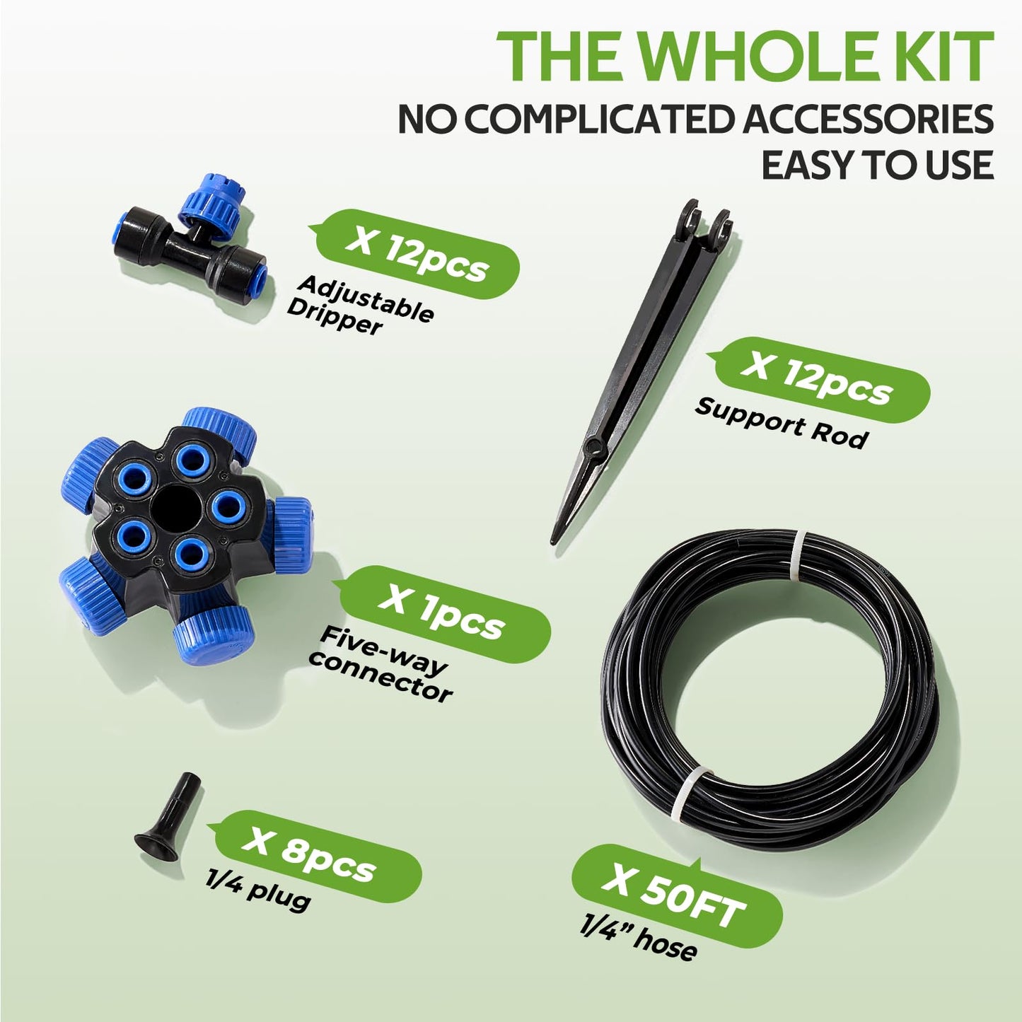 HIRALIY 50FT Garden Drip Irrigation Kit, Automatic Watering System with 5-Way Connector, Quick Connectors, Adjustable Drippers, Raised Bed, Patio