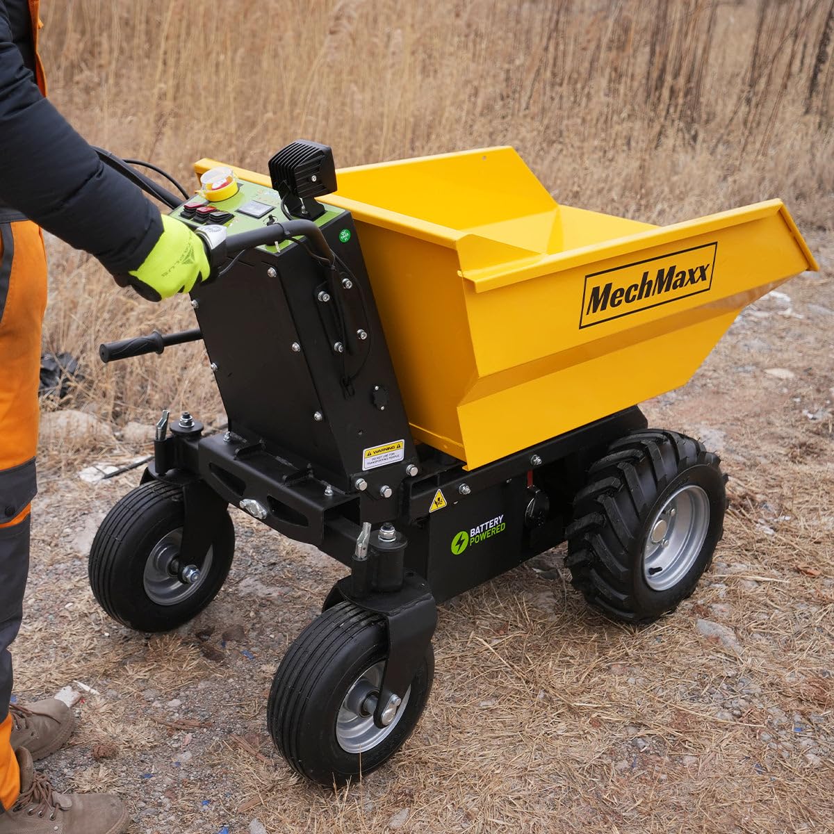 MechMaxx 1100Lbs Loading Battery Powered Barrow Electric Mini Dumper Dump Cart Wheel Barrow, with 30W Light, 1000W 48V Brushless DC Motor, LED Display Screen, Model E50 (Yellow)
