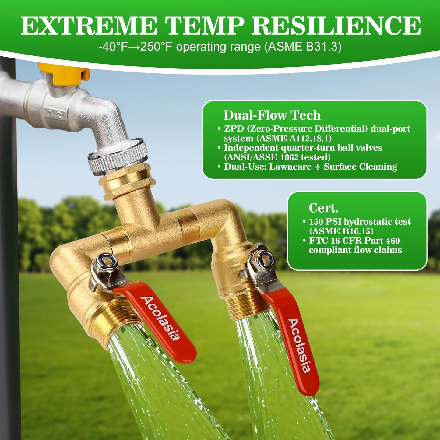 Hose Splitter 2 Way Heavy Duty Brass Garden Hose Splitter with 360° Rotatable, 304 Stainless Steel Long Handle Outdoor Full Flow Hose Splitter Connector, 3/4" GHT Thread