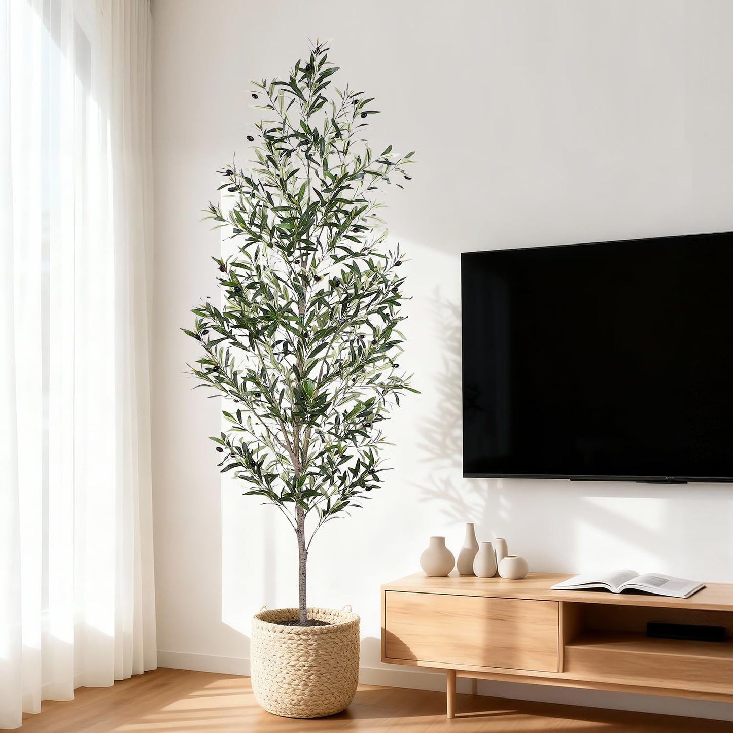 Jocoevol Olive Tree, 7FT Artificial Indoor Tall Faux Olive Trees w/Planter & Natural Wood Trunk and Lifelike Fruits, Fake Olive Artificial Tree for Home Office Decor