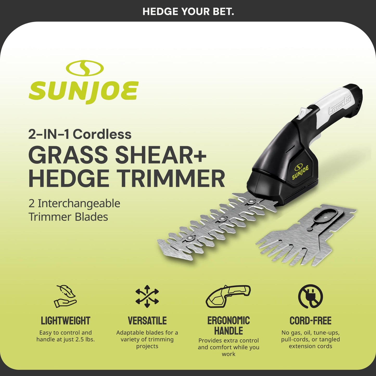 Sun Joe HJ604C Cordless Grass Shears and Hedge Trimmer, 2-in-1 Handheld Shrub Trimmer, 7.2V Lithium-Ion Battery, 1250 RPM Steel Blades, Charger Included