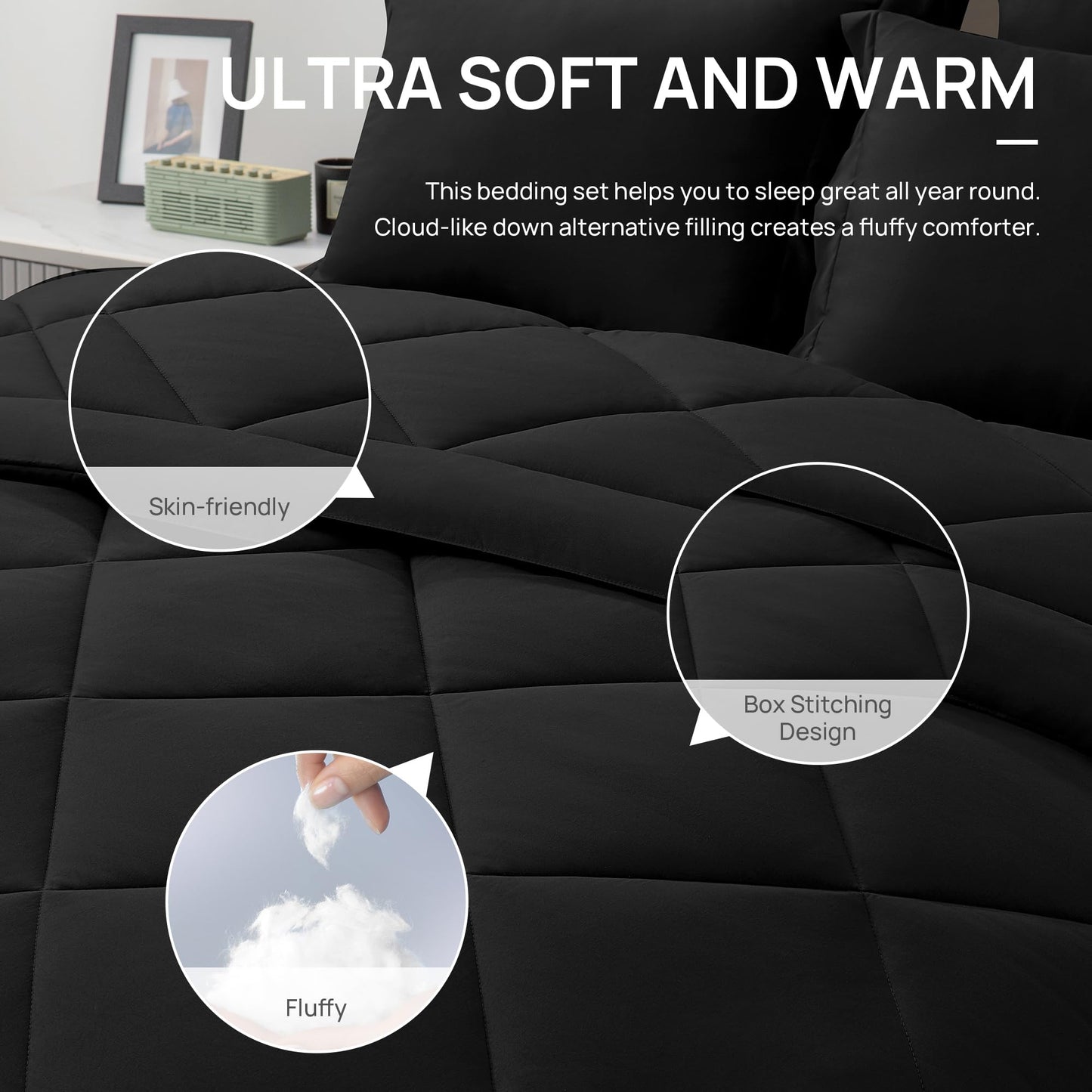 Love's cabin Full Comforter Set Black, 7 Pieces Full Bed in a Bag, All Season Bedding Sets with 1 Comforter, 1 Flat Sheet, 1 Fitted Sheet, 2 Pillowcase and 2 Pillow Sham