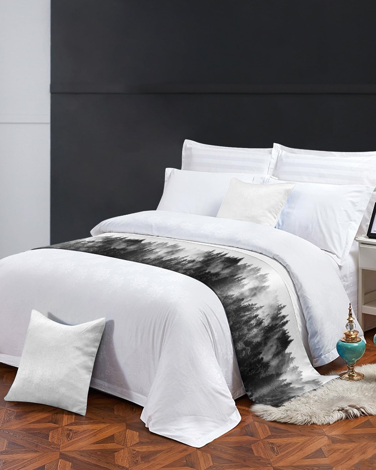 Black Forest Bed Runners for Queen Size Bed, Bed Throws for Foot of Bed, Black and White Natural Landscape Modern Abstract Art Bed Runner Sofa Throw Bedding Scarf Protector Slipcover for Bedroom