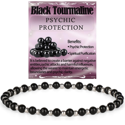 QOGIR Black Tourmaline - Psychic Protection - Stainless Silver Beads Natural Gemstone Stretch Elastic Dainty Healing Beaded Bracelets Gifts 4mm