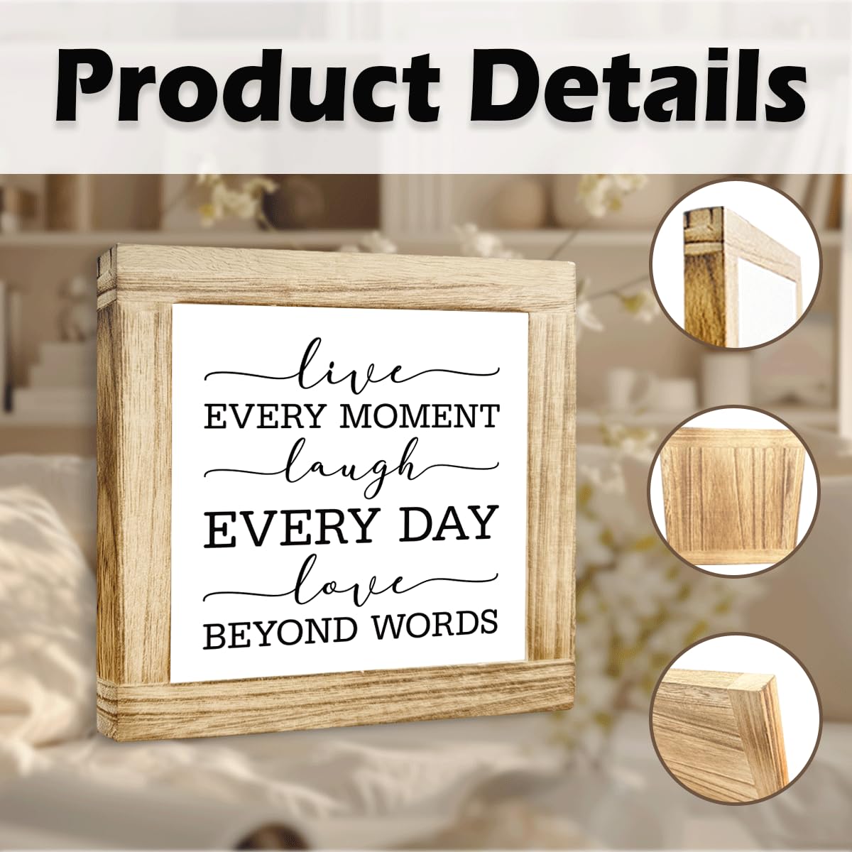Wood Home Sign Live Every Moment Laugh Every Day Love Beyond Words Inspirational Solid Wood Plaque Rustic Handmade Home Decor For Farmhouse Living Room Entryway Table Rustic Wooden Sign 5.9x5.9 Inch
