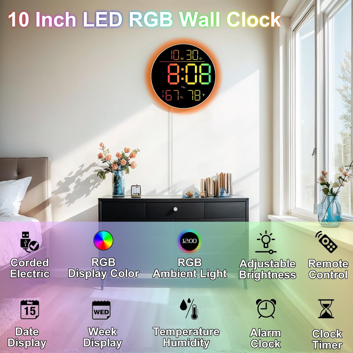 QINFIEY 10 Inch LED Wall Clock with RGB Ambient Light, Auto-Dimming, RGB Color/Time/Date/Temp/Humidity Display, Dual Alarms & Timer, Adjustment Brightness,Digital Round Clock for Bedroom Classroom