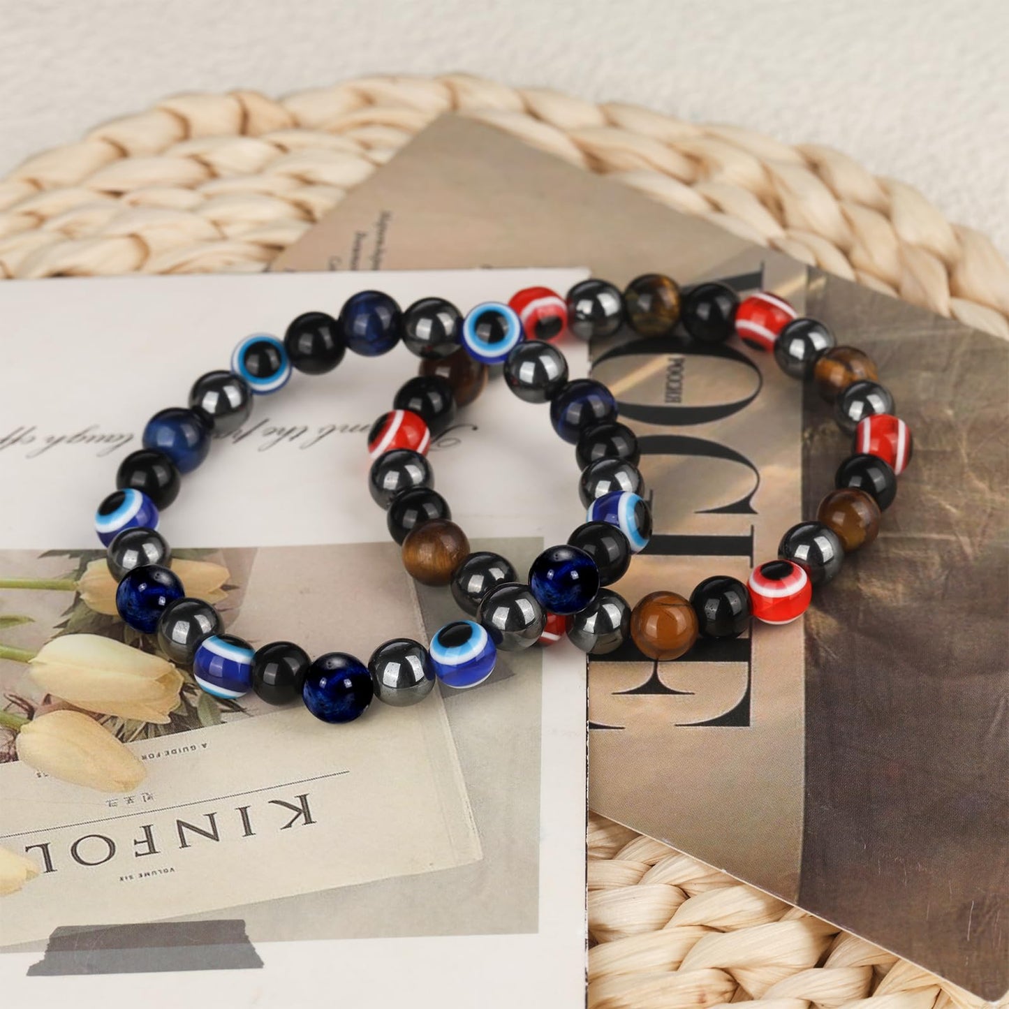 ZICRMIYA Evil Eye Bracelets for Men Women,8mm Evil Eye Beads Black Obsidian Hematite Tiger Eye Bracelets Protection Bracelet Healing Bracelet Bring Luck and Prosperity Happiness