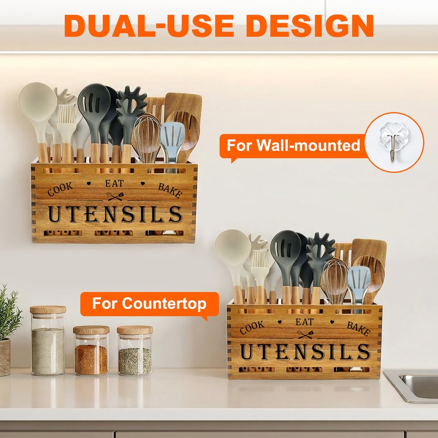 Acacia Wood Extra Large Utensil Holder for Kitchen Counter Rustic Spatula Holder For Counter Top Organizer Kitchen Cooking Utensil Storage Countertop Silverware Caddy Wooden Spoon Kitchen Tools Holder