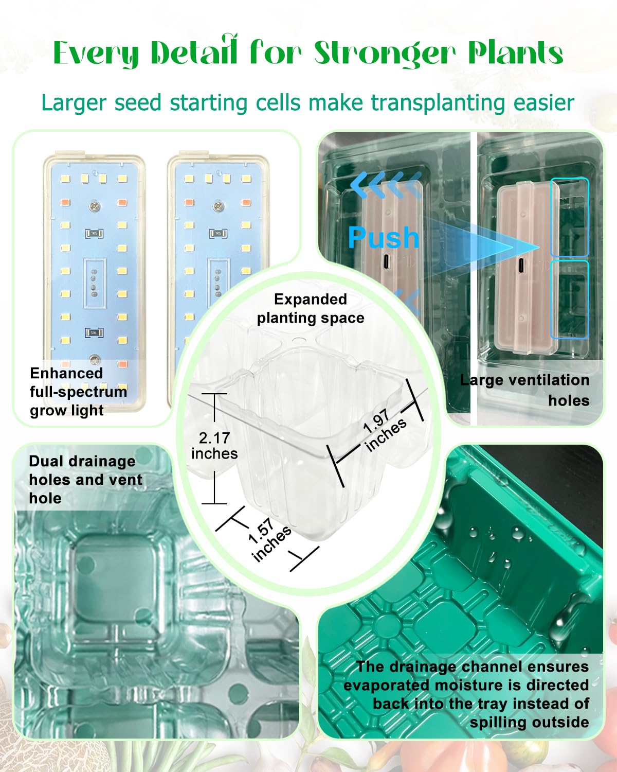 Seed Starter Tray with Grow Light (2x 24-LED), 2 Pack Seed Starter Kit with Humidity Domes and Timing Controller, Adjustable Brightness, Reusable Seedling Starter Tray, Thicken Seed Starting Trays