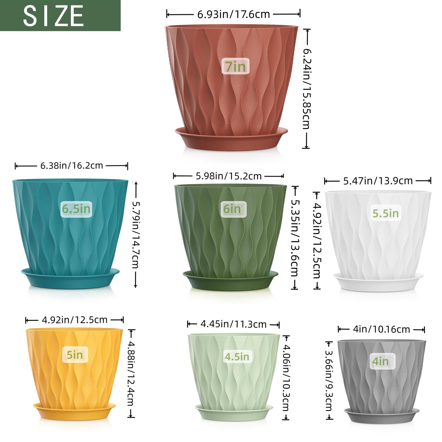 SQKH 4/4.5/5/5.5/6/6.5/7 Inch Plant Pots,7 Pack Flower Pots with Drainage Holes and Trays,Plastic Planters for Indoor Outdoor Plants Growth,Multicolor