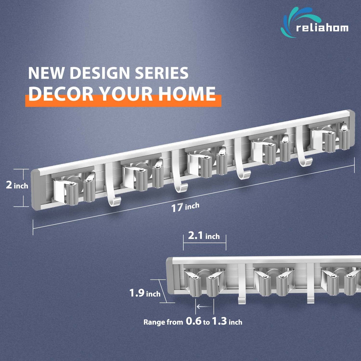 reliahom Broom Holder Wall Mount, 2 Pack 5 Racks with 4 Hooks Silver - Mop Storage Tool Racks, Broom Hanger Tool Organizer for Garage, Kitchen, Garden, Laundry Room