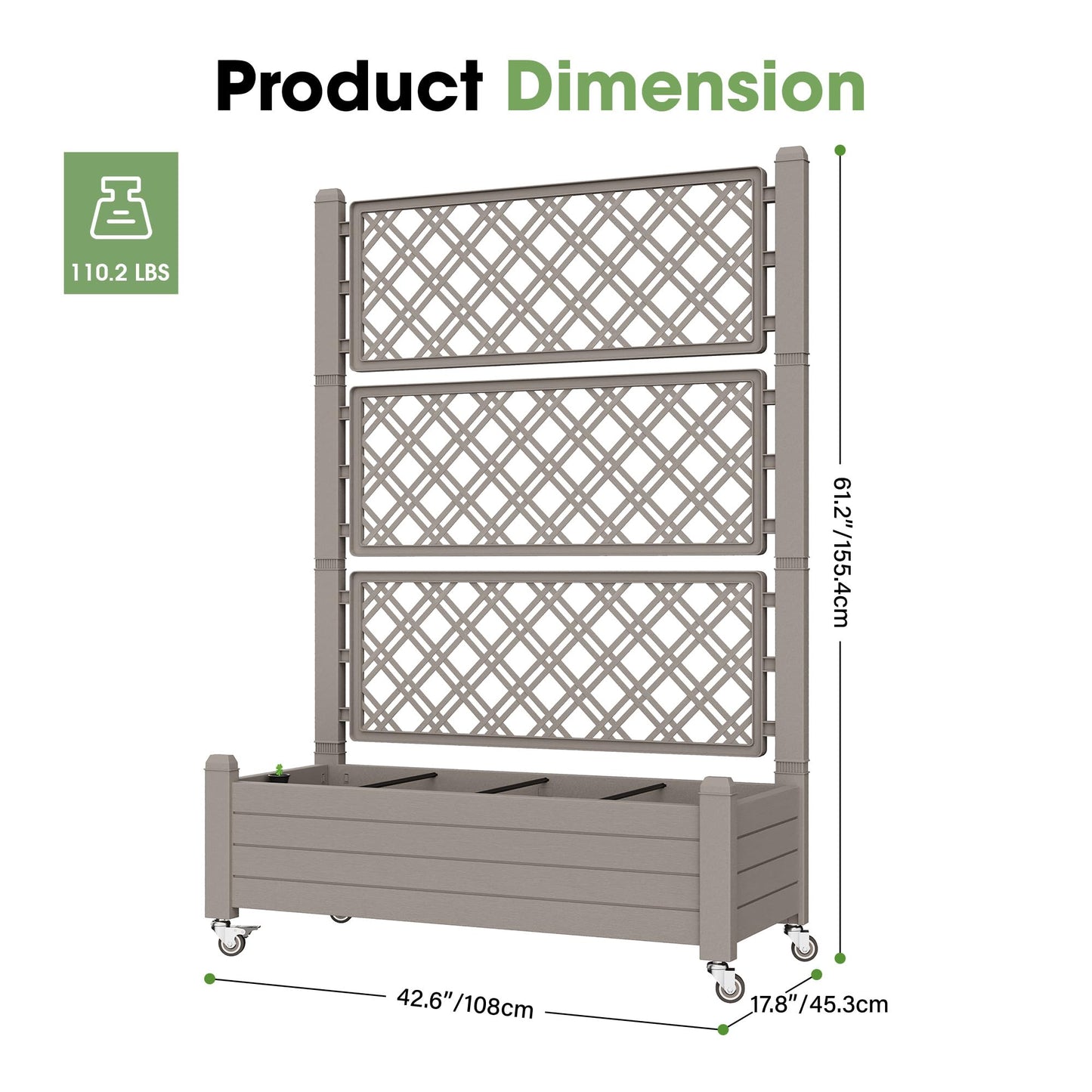 Fancyango Raised Garden Bed with Trellis and Wheels, Resin Planter Box with Trellis with Drainage Holes & Water Monitor, Privacy Planters for Patio for Climbing Plants, Gray(1 Pack)
