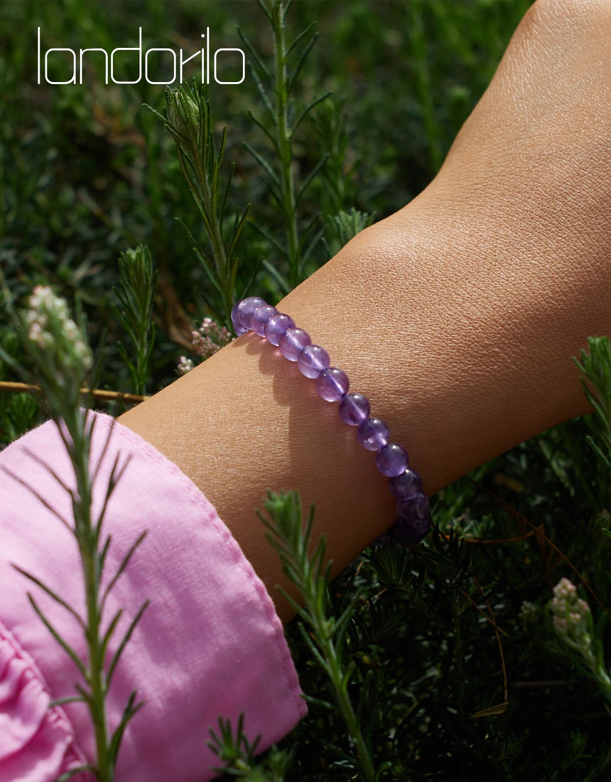 Landorilo Beaded Bracelet for Men Women, 6mm Natural Stone Amethyst Healing Crystal Stretch Bracelets, Ideal Christmas Birthday Jewelry Gifts with Energy Card，Replacement Beads Included