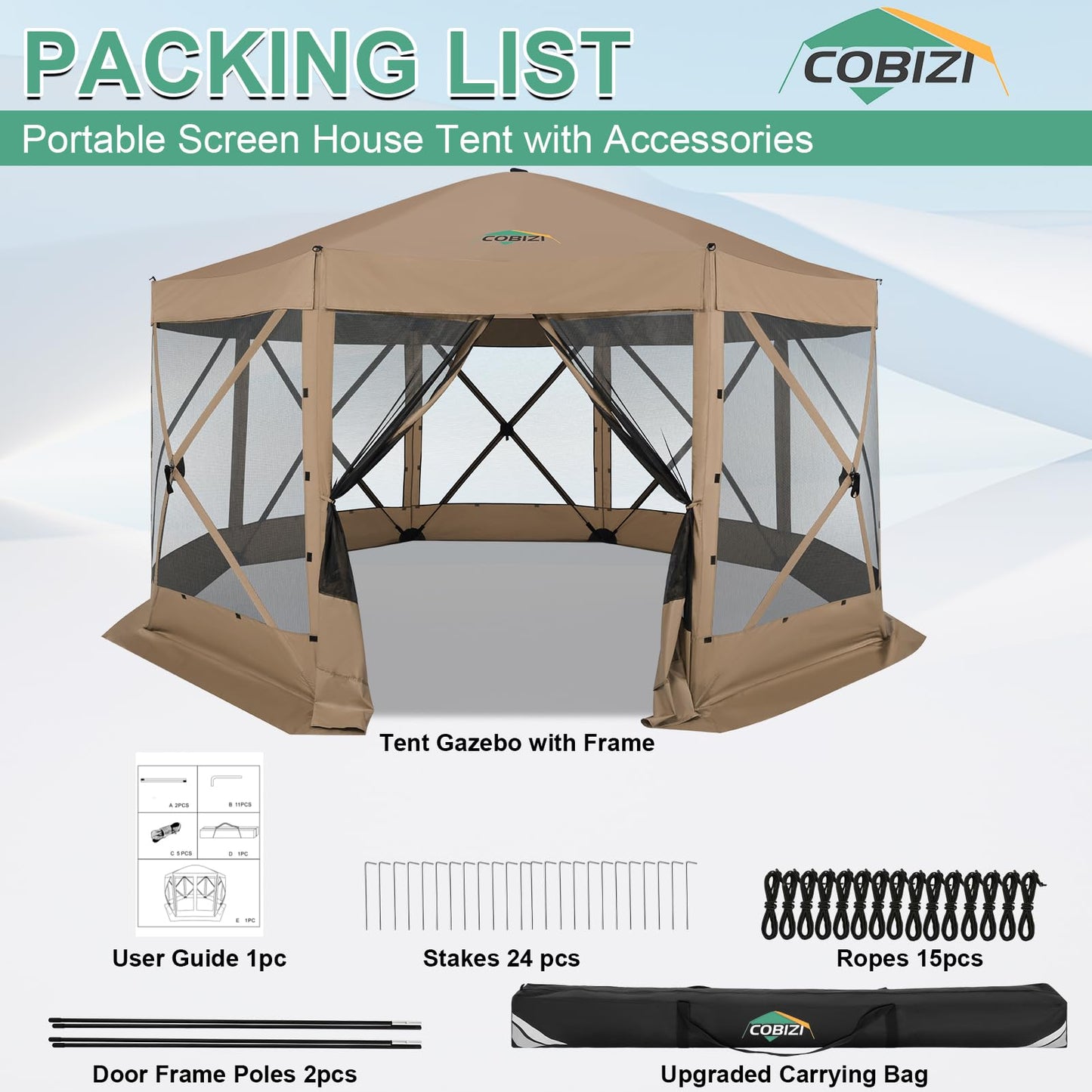 COBIZI 15x15 FT Pop Up Gazebo - Canopy Tent, Large Gazebos On Clearance, Hot tub Screened in Gazebo,carpas para Patio,Portable Screen Tents for 12-15 Persons Outdoor Camping, Backyard, Khaki