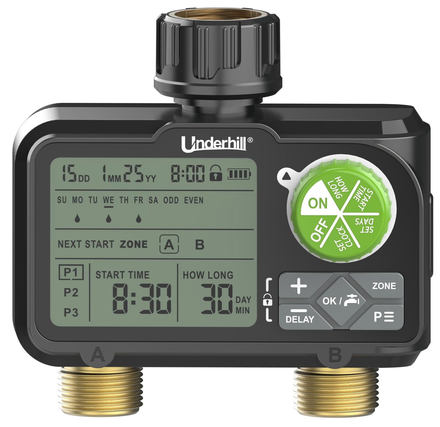 Underhill AquaVision Digital Hose Timer, Dual Zone Automatic Garden Water Timer with LCD Display, Programmable Irrigation Controller for Sprinklers, Drip Systems & Garden Hose Faucets