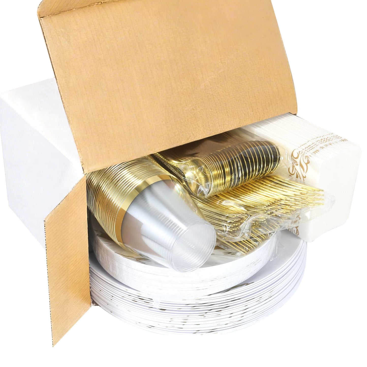 175pcs Gold Plastic Dinnerware Set – Elegant Disposable Plates, Cups, Utensils & Napkins for Wedding, Party, Birthday, Graduation
