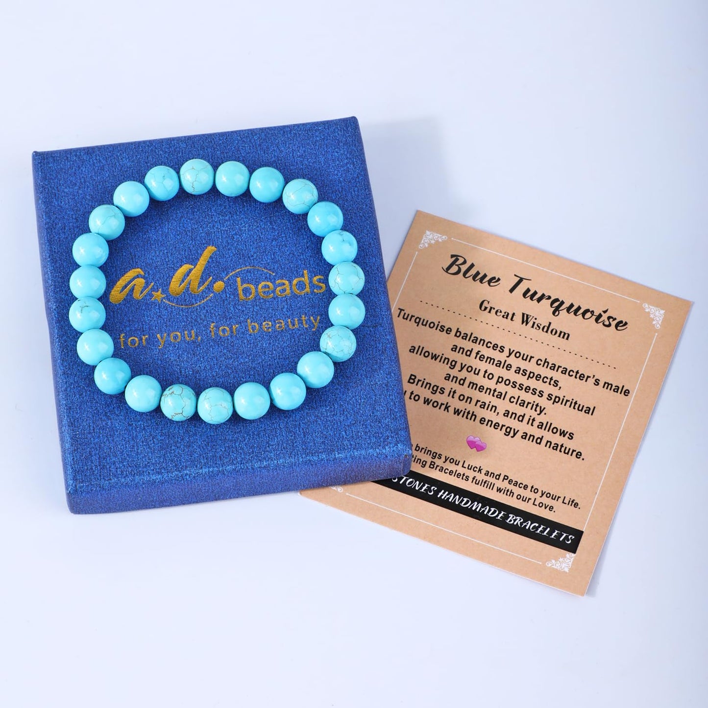 AD Beads 6mm Handmade Blue Turquoise Elastic Bracelet – Natural Gemstone for Great Wisdom – Meditation, Yoga, Healing and Energy Gift for Men Women