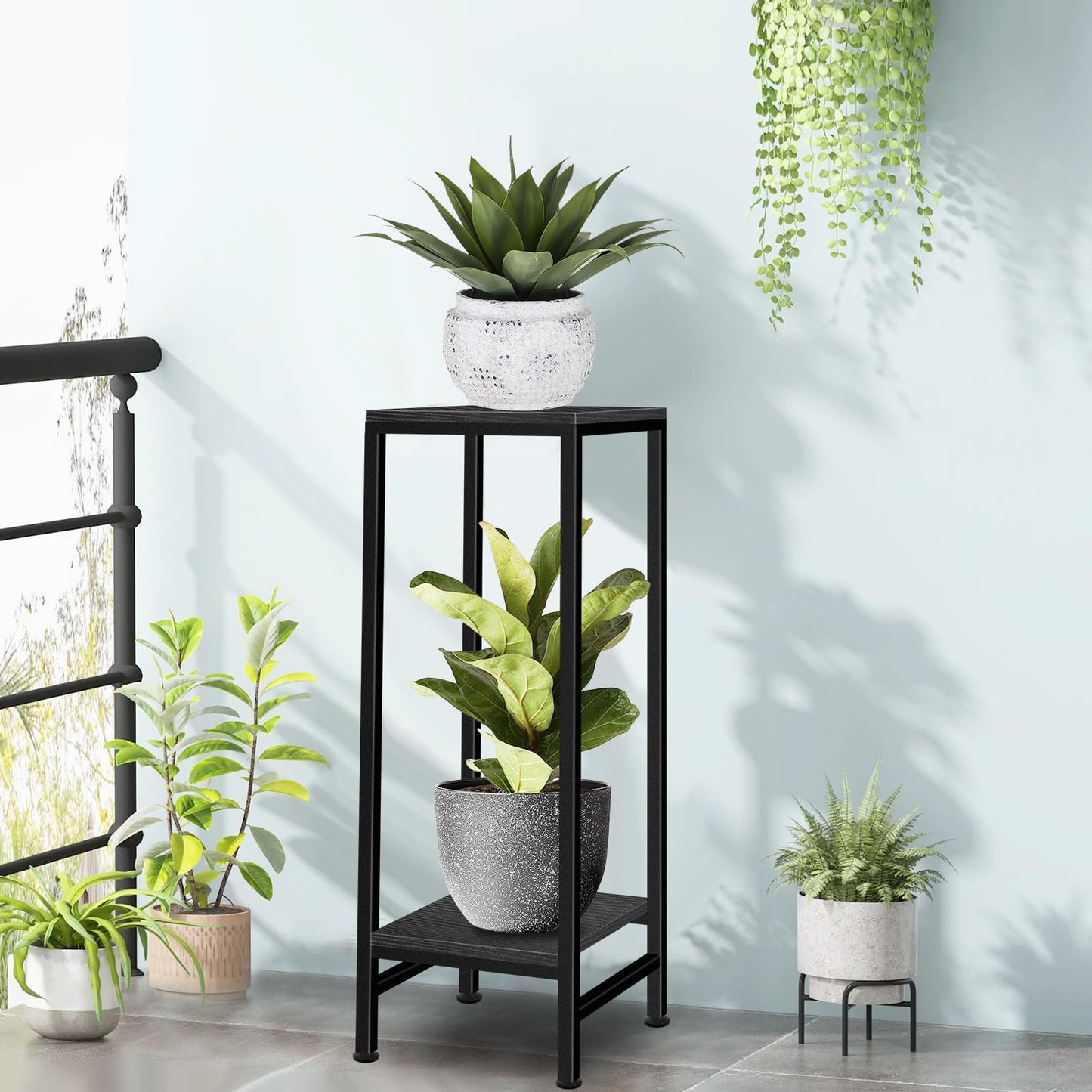 Plant Stand Indoor, Tall Plant stands for Indoor Outdoor Plants, 2 Tier Heavy Duty Plant Shelf 31" Metal Pedestal Stand Modern Corner Flower Stand for Patio, Living Room, Balcony(Black)