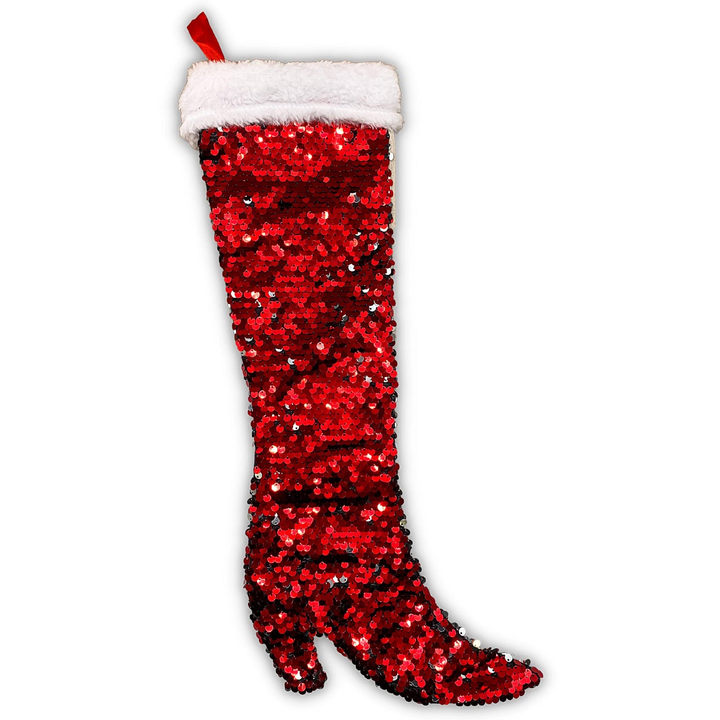Needzo Women's High Heel Boot Shaped Reversible Sequin Christmas Stocking, Red and Silver Flip Sequins Hanging Fireplace Decoration, 16 Inches
