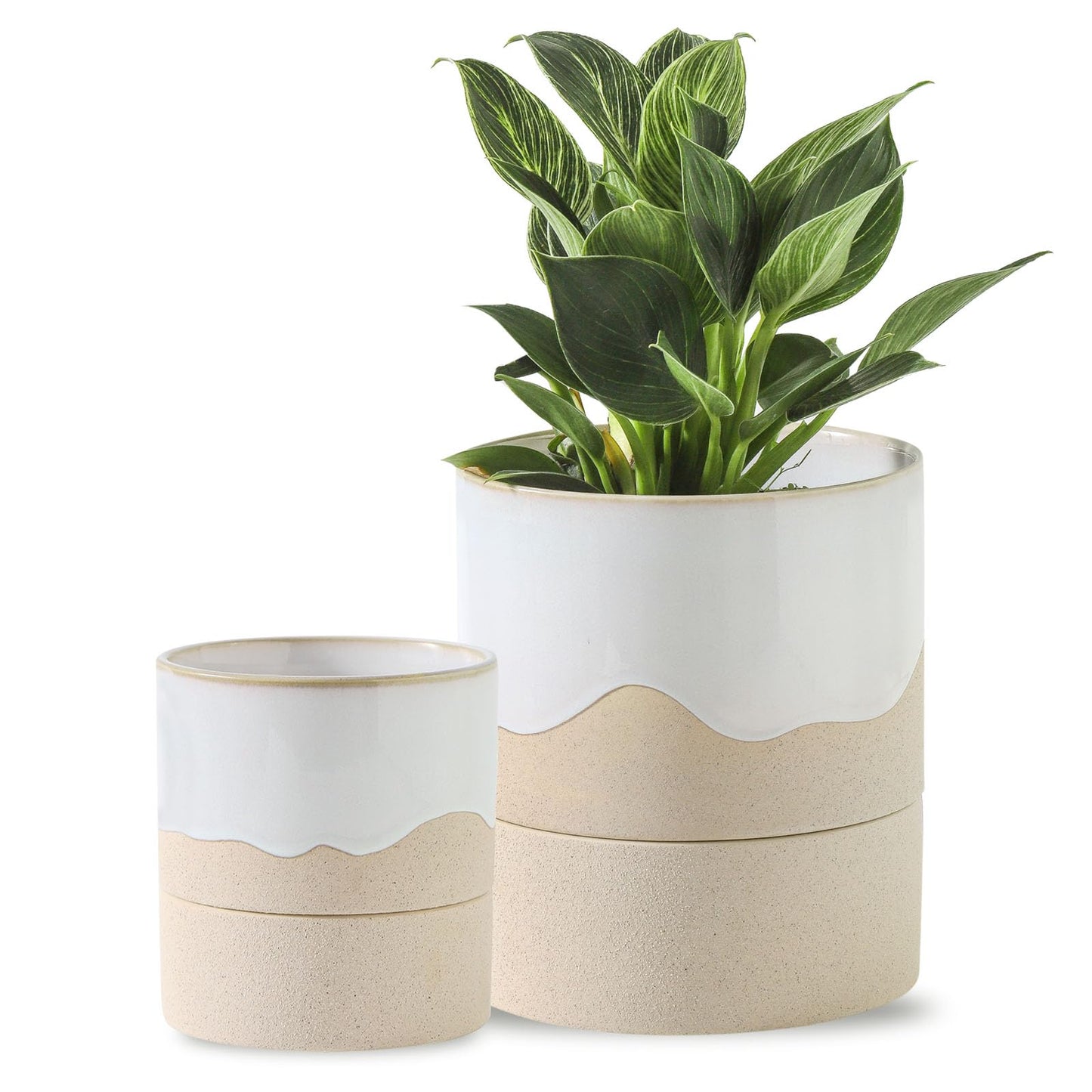 Nihow Self Watering Plant Pot for Indoor Plants: 4.5+6 Inch Ceramic Planter with Drainage Hole & Water Storage Plus - Cylinder Flower Pot with Wick for Herbs -White & Nature