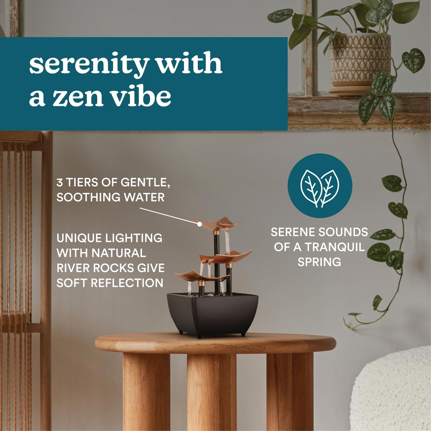 Homedics Tabletop Water Fountain, 3 Tier Indoor Waterfall Fountain with Natural River Rocks, Quiet Pump for Relaxation, Zen Home & Office Desk Décor, AA Battery Powered
