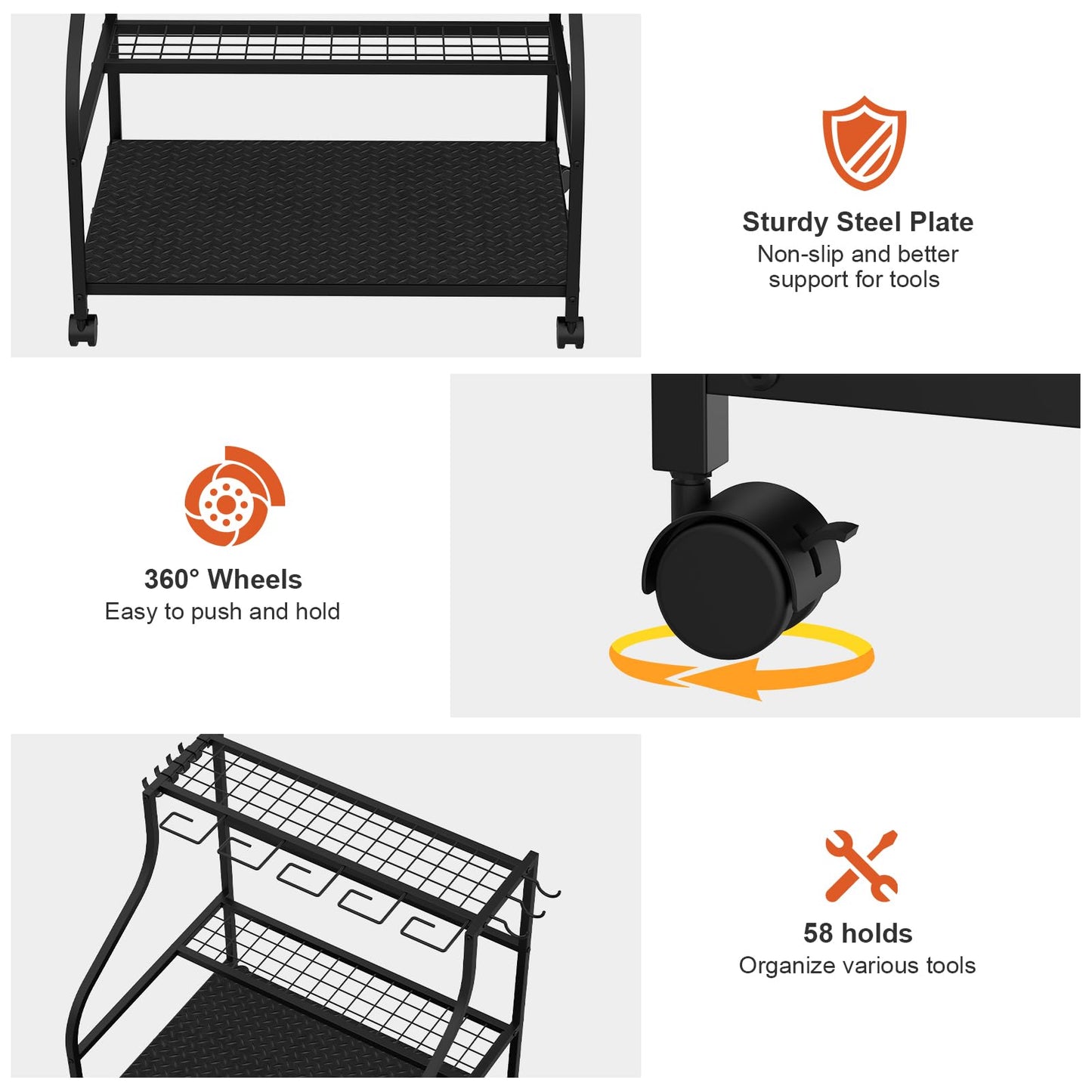 Garden Tool Organizer with Wheels, 3-Tier Yard Tool Storage with Hooks, Heavy Duty Steel Tool Rack Stand for Broom Shovel Long Handled Tools, Garden Tool Holder for Garage Shed Outdoor, Black