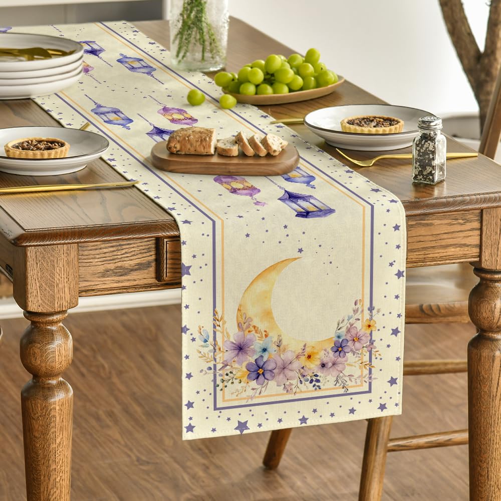 Artoid Mode Ramadan Moon Lantern Floral Table Runner, Seasonal Kitchen Dining Table Decoration for Home Party Decor 13x72 Inch