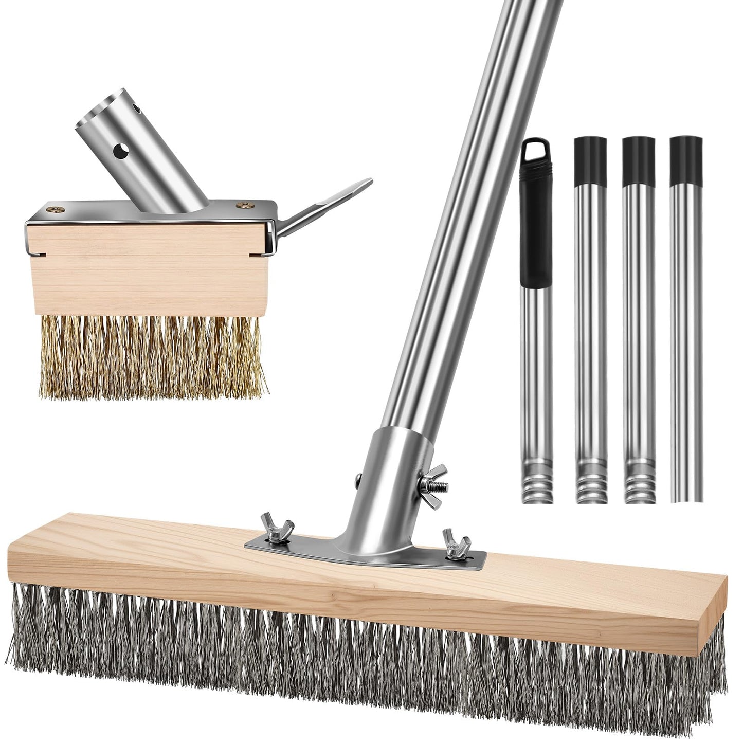 GHWMYD Crack Weeder Brush Heavy Duty Wire Broom Set, Multifunction Moss Grout Remover with Scraper Weed Puller, Detachable 64.9in Handle for Outdoor Deck Pavers Patios Walkways Concrete Floor Cleaning