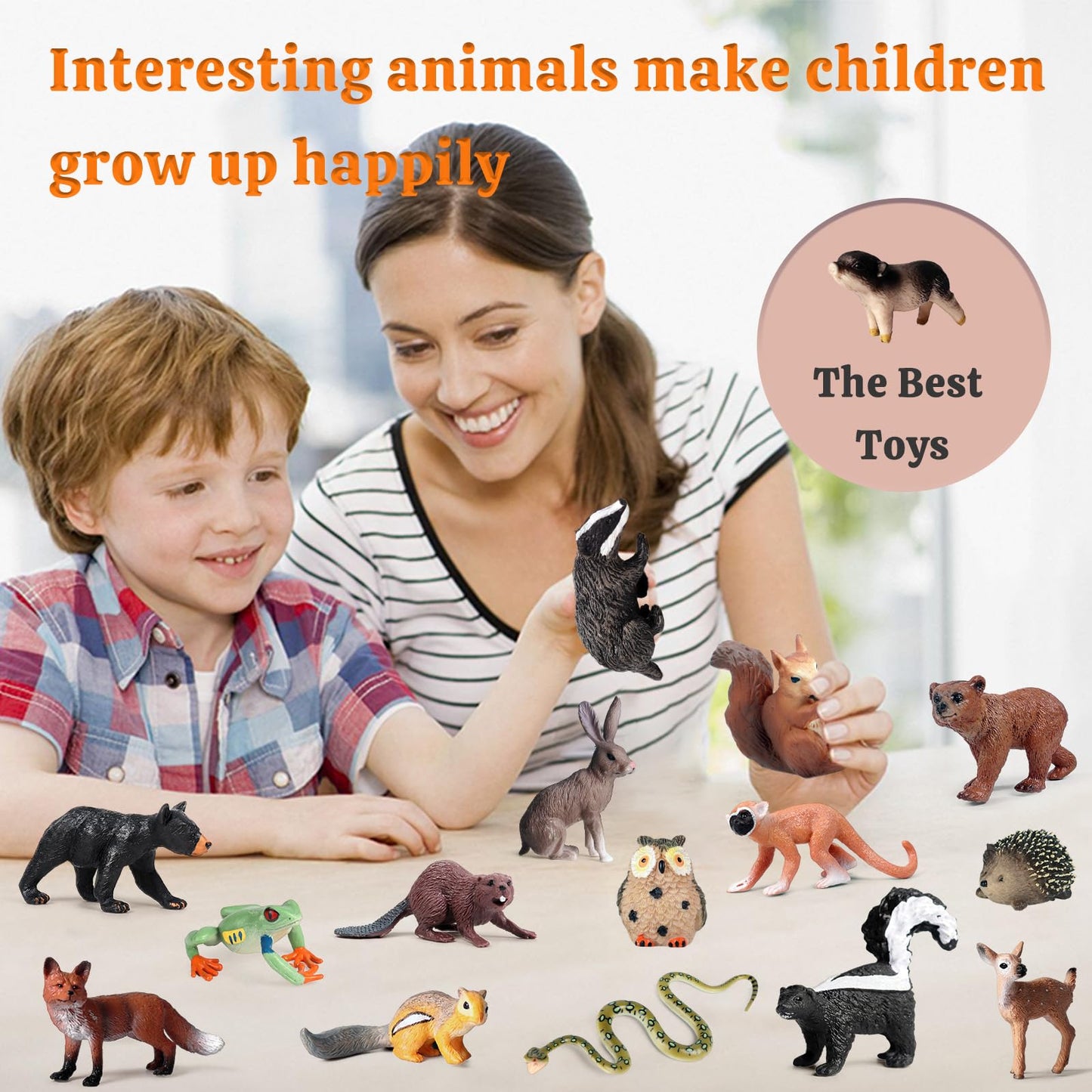 SCAHOW 18Pcs Forest Animals Figures - Plastic Woodland Creature Toy Figurines for Kids Boys Girls 3-5 6-12, Small Jungle Animal Baby Figurines for Cake/Cupcake Topper Birthday Gift