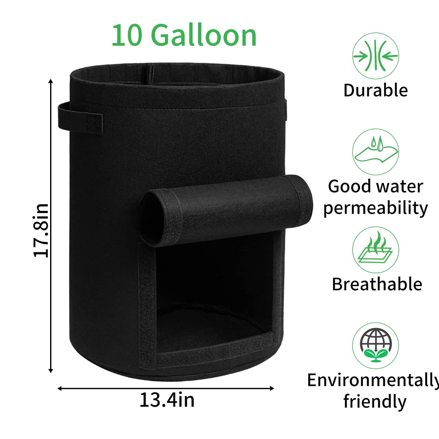 JJGoo 4 Pack Potato Grow Bags 10 Gallon with Flap, Heavy Duty Fabric with Handle and Harvest Window, Non-Woven Planter Pot Plant Garden Bags to Grow Vegetables Tomato, Black