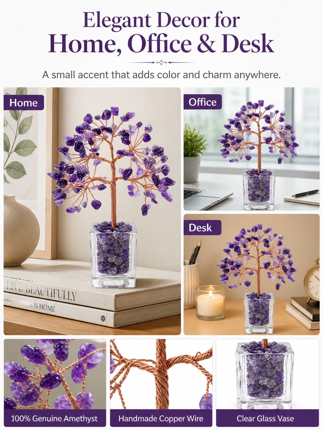 RJVZUKL Natural Amethyst Crystal Tree of Life, Purple Money Tree with Clear Acrylic Base, Handmade Copper Wire Bonsai, Feng Shui Desk Decor, Good Luck Gifts for Women Mom Sister