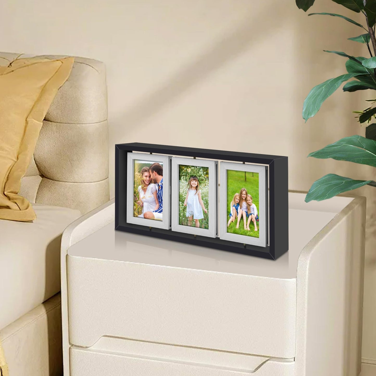 ZEEYUAN 4x6 Desk Picture Frame Rotating Double-Sided Picture Frame, 4x6 Tabletop Wooden Collage Family Pictures Frame for Office Desktop Home Decor, Holds 6 Photos, Black