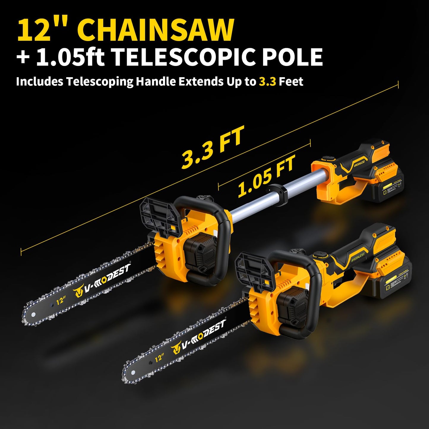 V-MODEST 21V Brushless Telescopic Chainsaw - 12" Lightweight Battery Powered Chainsaw，Cordless Electric Chain Saw with 2 x 4.0Ah Lithium-ion Batteries Chainsaws for Tree Trimming, Branch Pruning