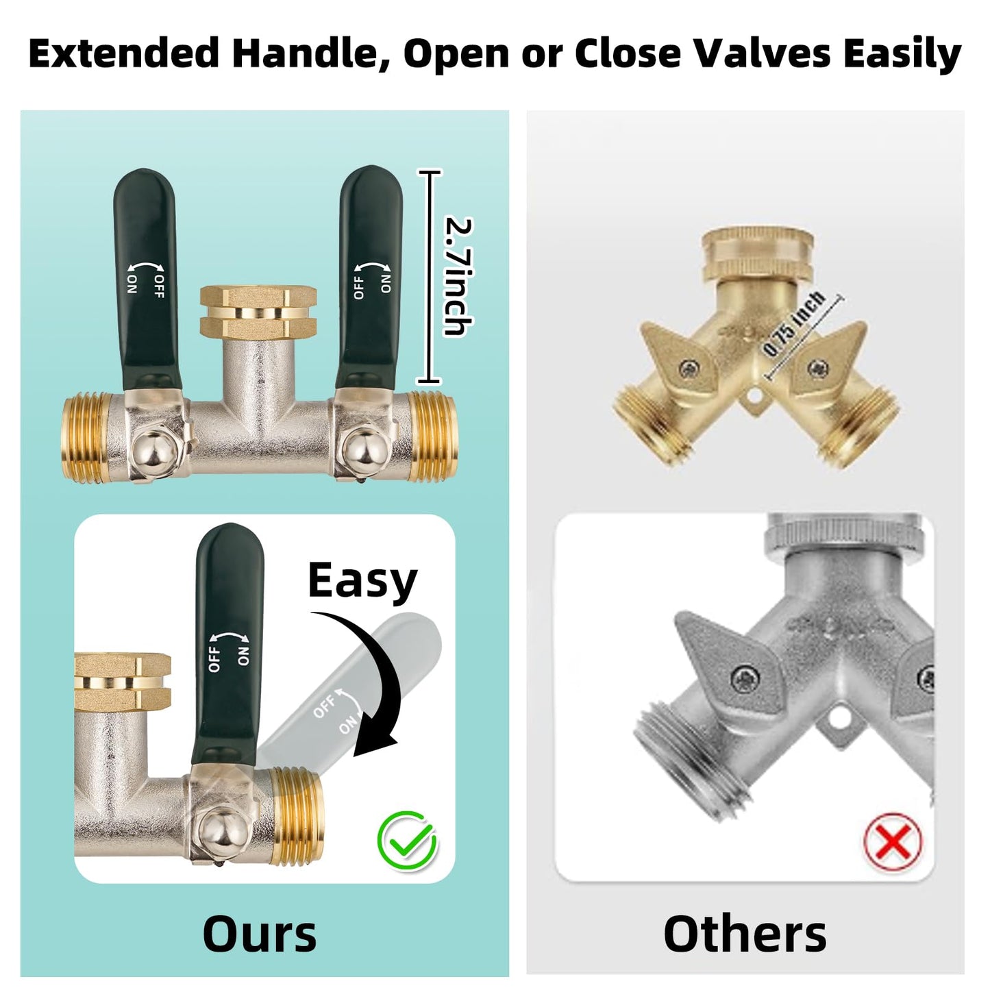 DINGBAI Hose Splitter 2 Way, Brass High Flow Garden Hose Splitter Heavy Duty, Hose Connector, Water Spigot Splitter, Full Flow Faucet Splitters with shutoff, 3/4” GHT Inlet