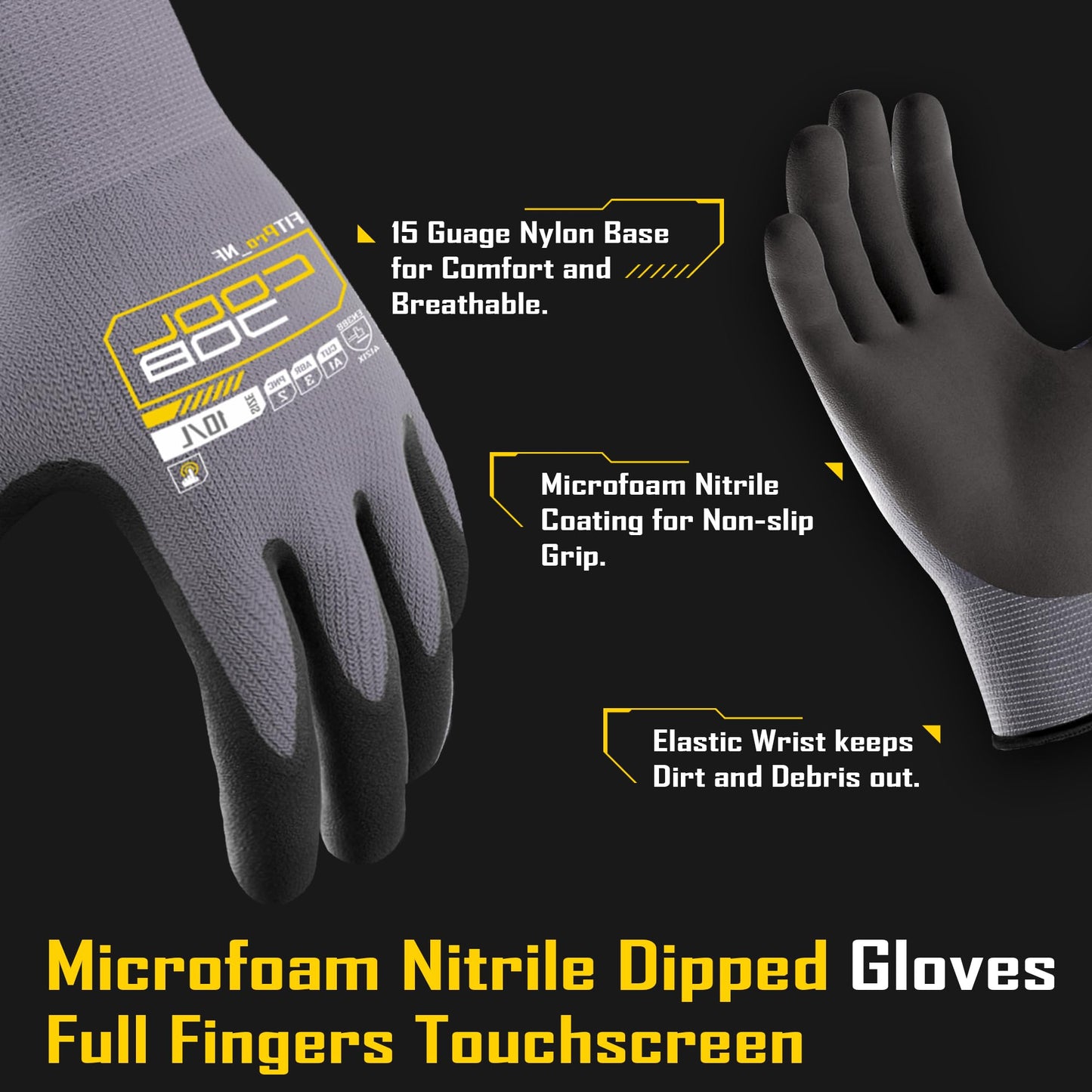 COOLJOB 3/12/36 Pairs Safety Work Gloves Microfoam Nitrile Rubber Coated, Seamless Knit Nylon with Full Fingers Touchscreen, Grip Nitrile Dipped, Ideal for Warehouse, Home Improvement, Grey Xlarge