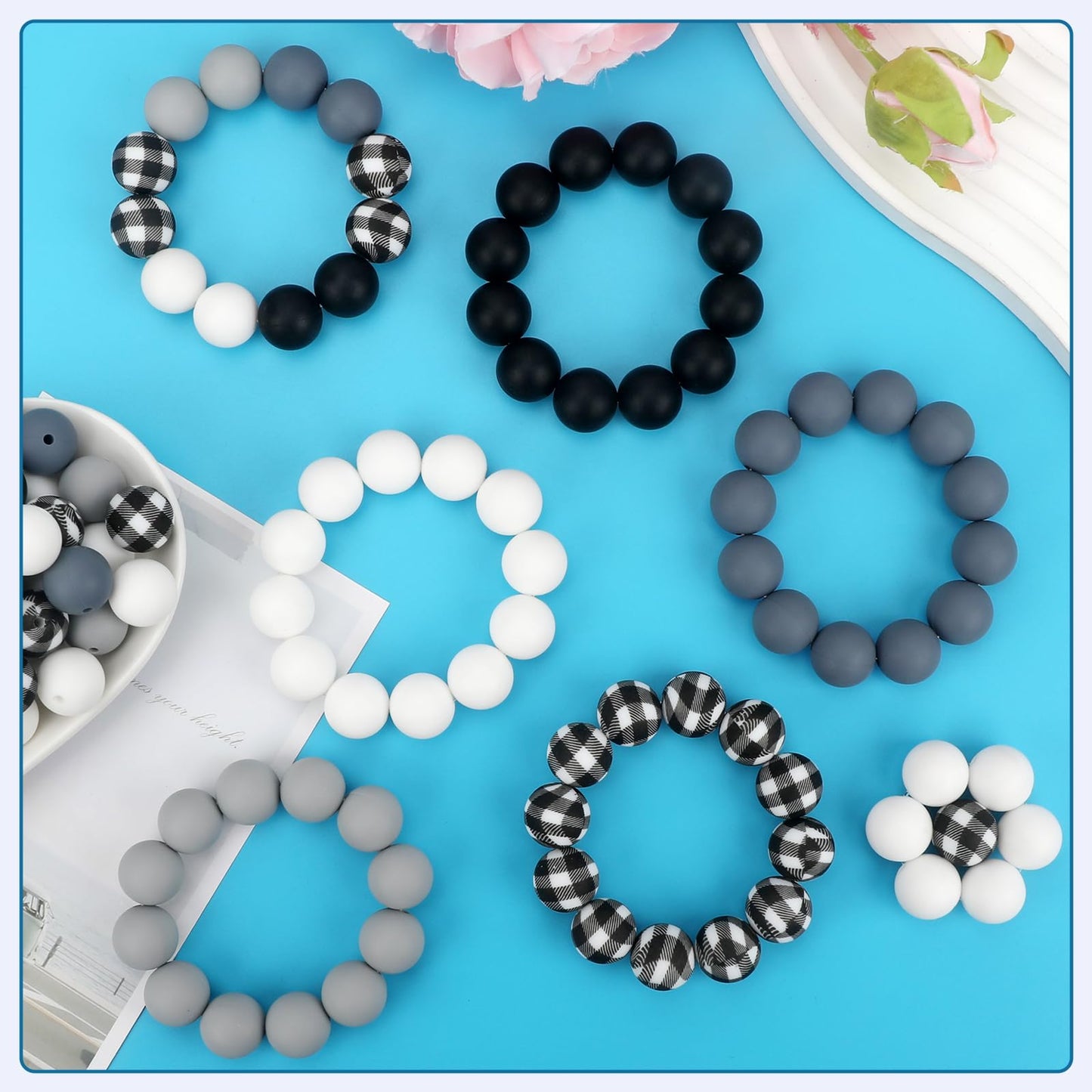 SALUOKE 100 Pcs 15mm Silicone Beads for Keychain Making, Pink Gream Silicone Beads Bulk Round for Bracelets Pens Crafts Jewelry Making (Black White)