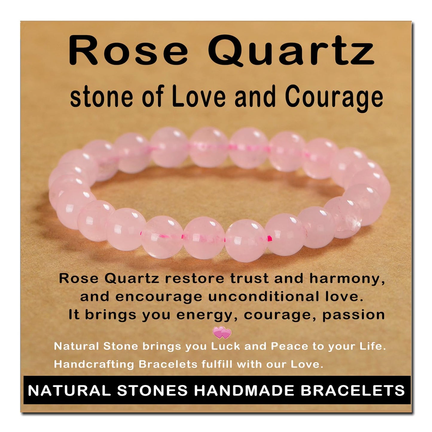 AD Beads Handmade Gemstone Stretch Elastic Bracelet Crystal Healing Reiki Nature's Beauty and Spiritual Essence Unisex (8mm, Rose Quartz)